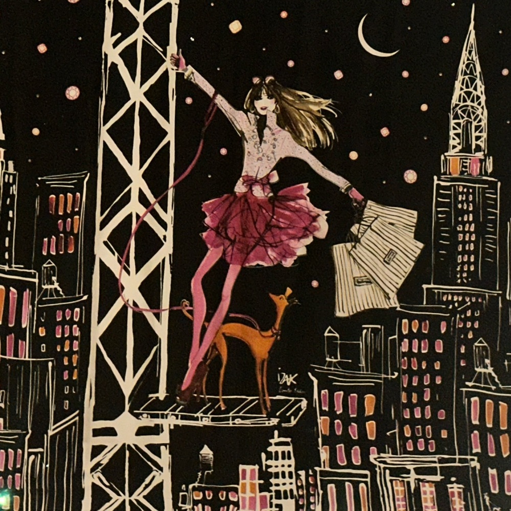 Henri Bendel Black and Pink Cityscape Silk Scarf